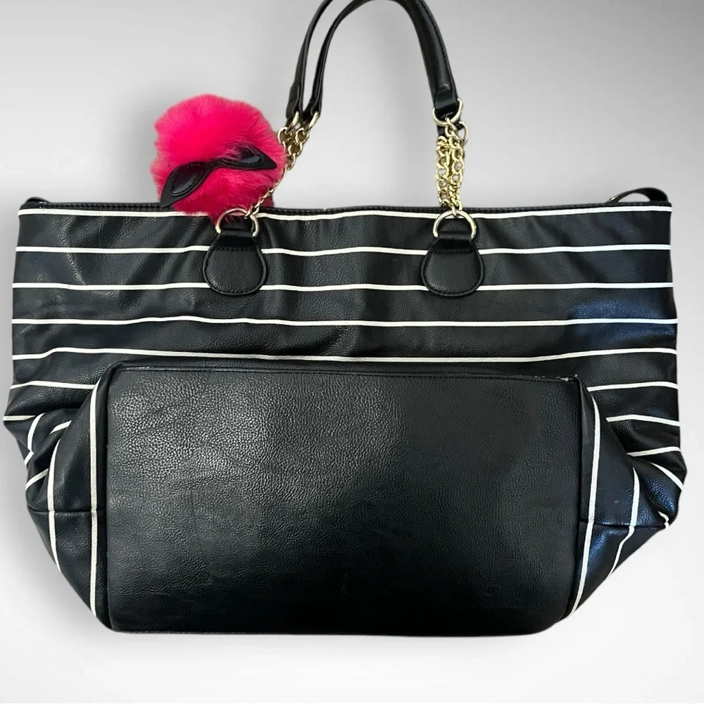 BETSEY JOHNSON Large Vegan Leather Black‎ and White Stripes Satchel Tote | EUC